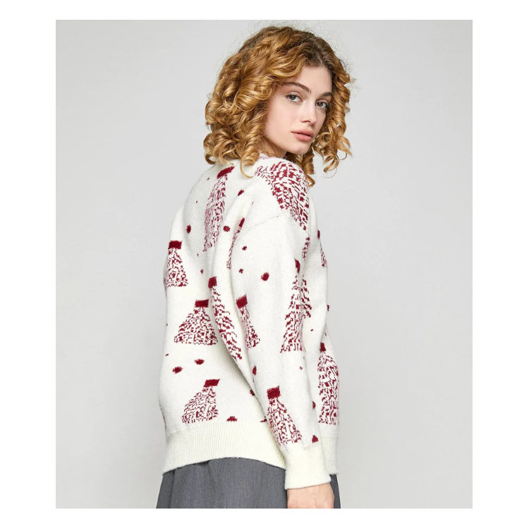 Women's Jacquard White Tree Graphic Crew Neck Sweater