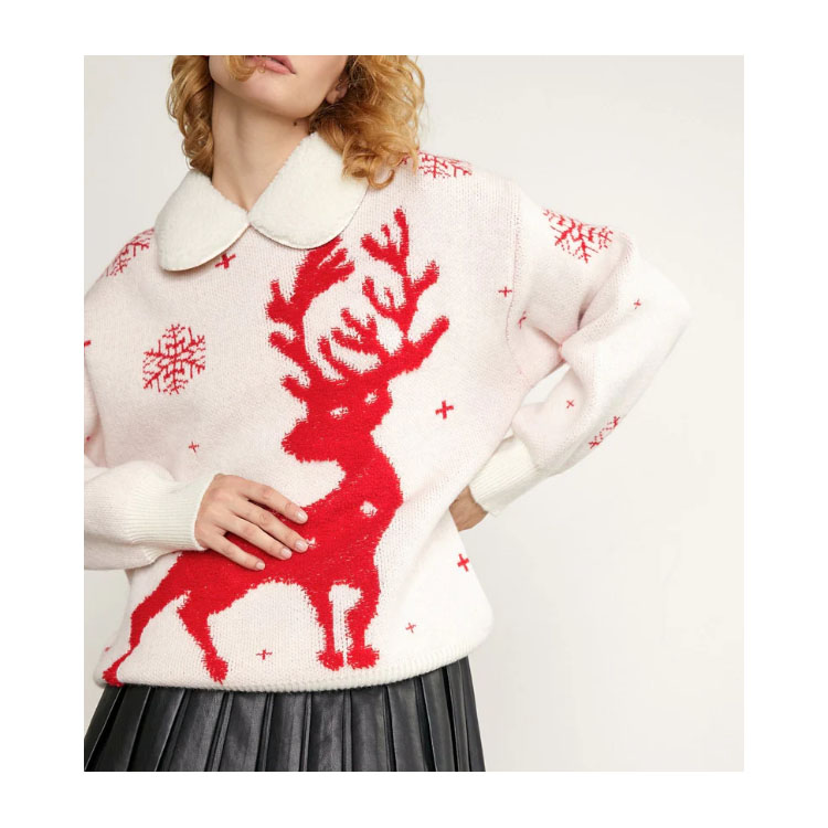 Women's Ivory Collared Elk Pattern Christmas Sweater