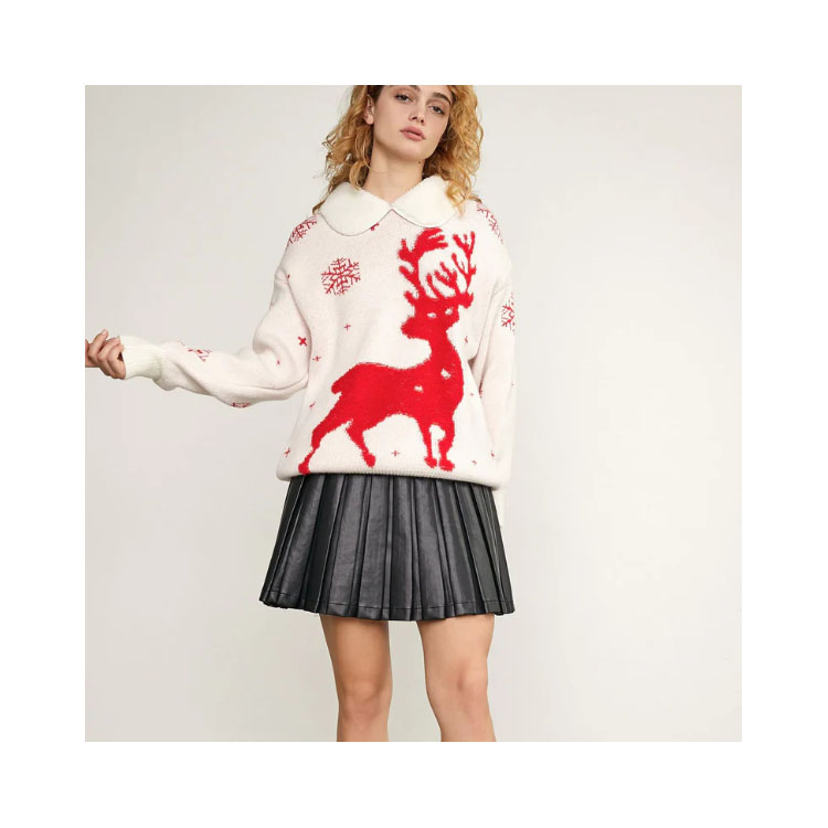 Women's Ivory Collared Elk Pattern Christmas Sweater