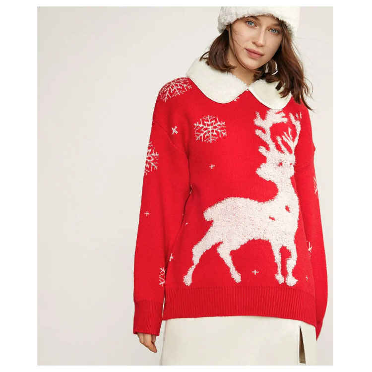 Women's Red Collared Elk Pattern Christmas Sweater