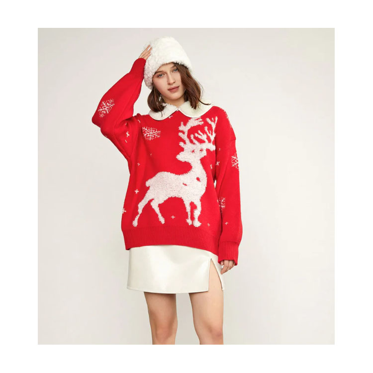 Women's Red Collared Elk Pattern Christmas Sweater