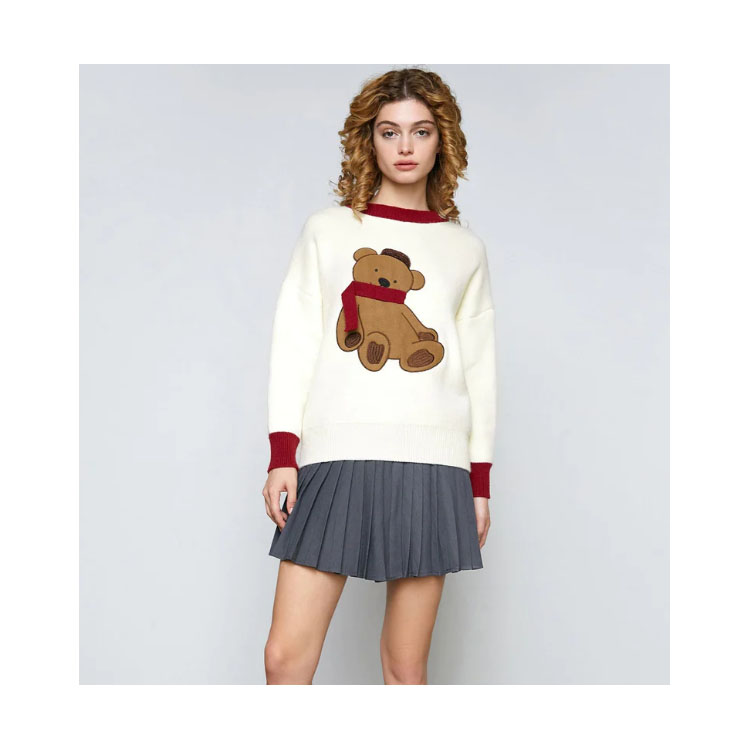 Women's Light Yellow Bear Print Pullover Knit Sweatshirt