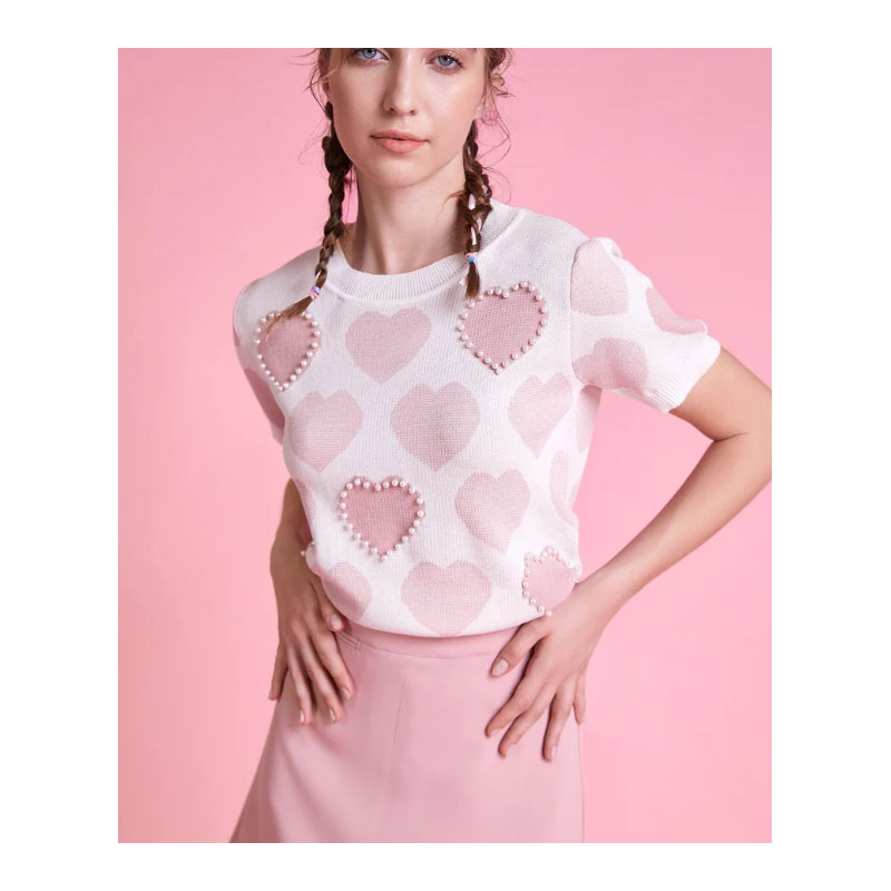 Pink Heart Print Knitted Crop Top