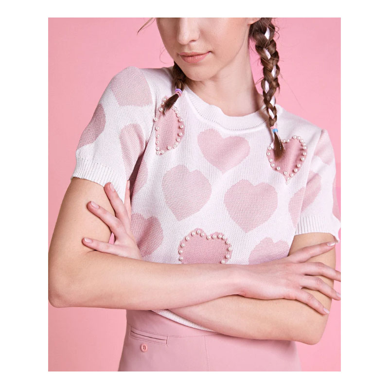 Pink Heart Print Knitted Crop Top