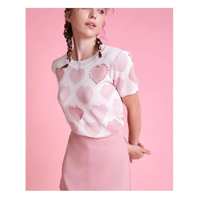 Pink Heart Print Knitted Crop Top