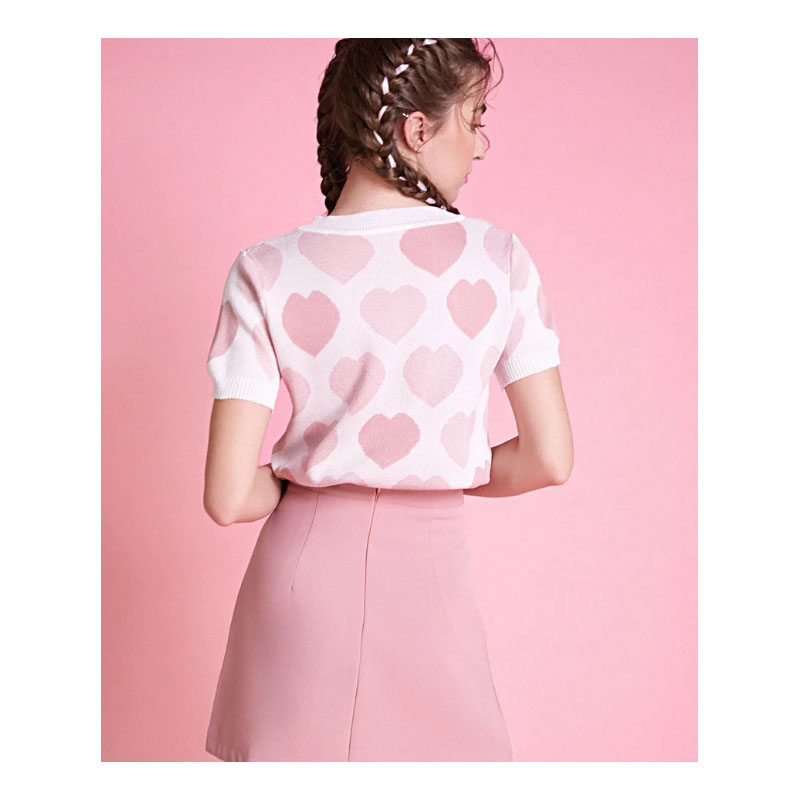 Pink Heart Print Knitted Crop Top