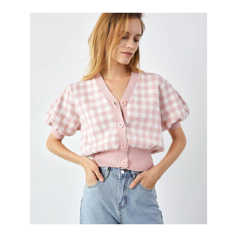 Short Sleeve Light Pink Plaid Cardigan