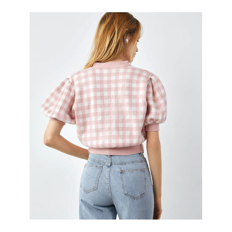 Short Sleeve Light Pink Plaid Cardigan