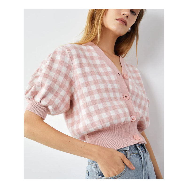 Short Sleeve Light Pink Plaid Cardigan