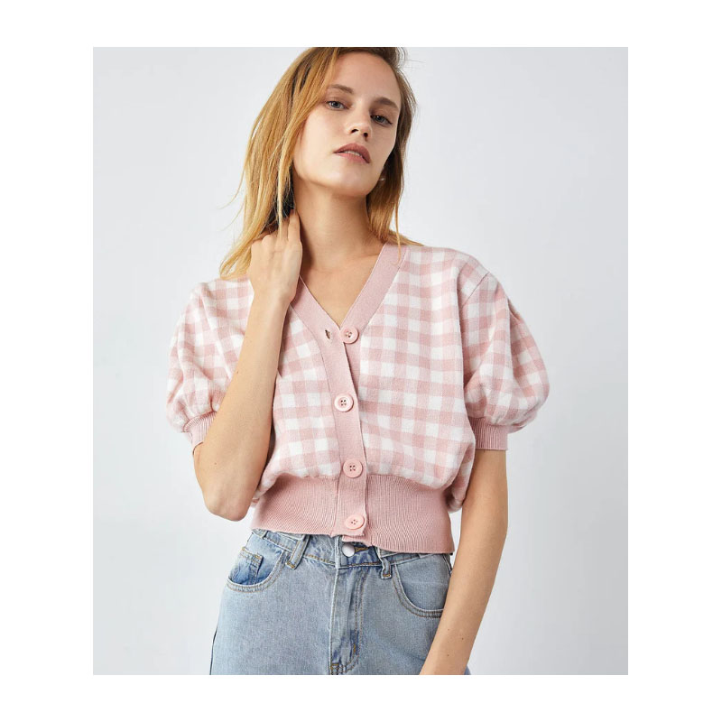 Short Sleeve Light Pink Plaid Cardigan