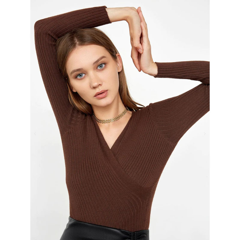 Women's Brown V-Neck Pullover Sweater