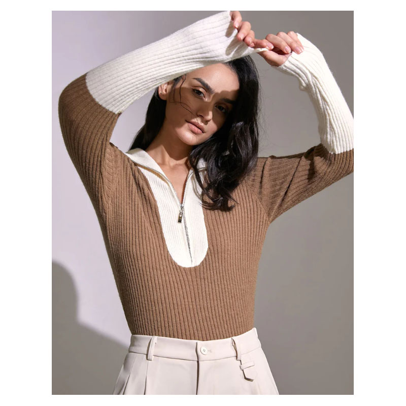 Women's Lapel v-Neck Zipper Sweater