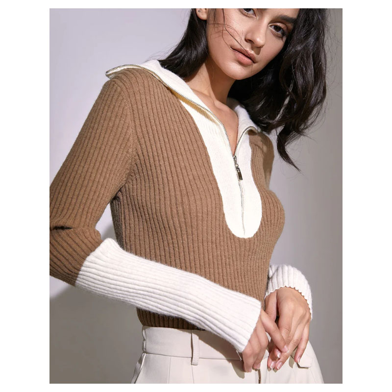 Women's Lapel v-Neck Zipper Sweater