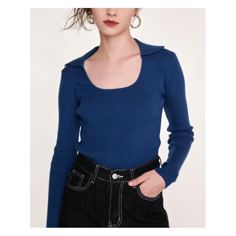 Blue Ribbed Knit Scoop Neck Sweater