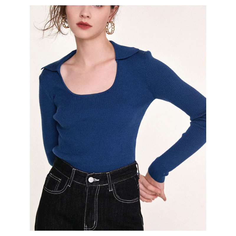 Blue Ribbed Knit Scoop Neck Sweater