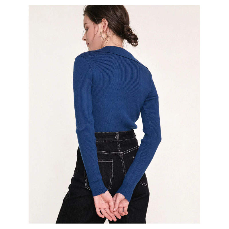 Blue Ribbed Knit Scoop Neck Sweater