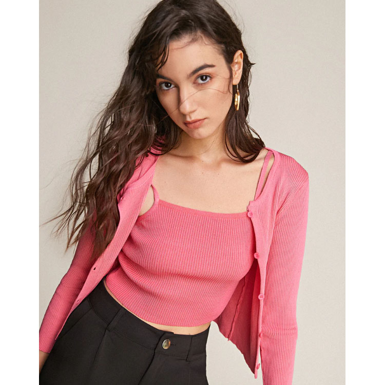 Pink Cardigan Top Two-Piece Sweater Set