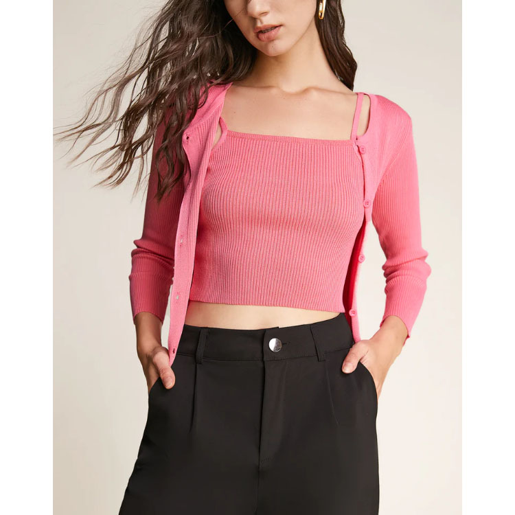 Pink Cardigan Top Two-Piece Sweater Set