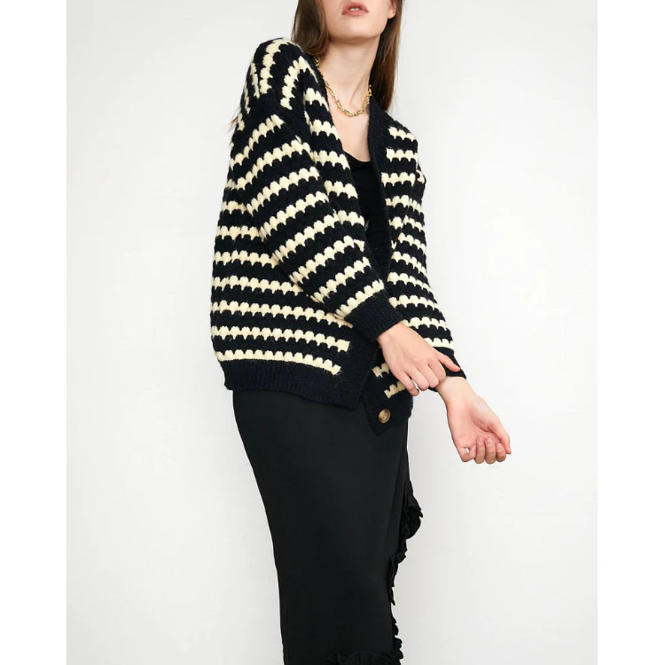 Women's Black Striped V-neck Cardigan