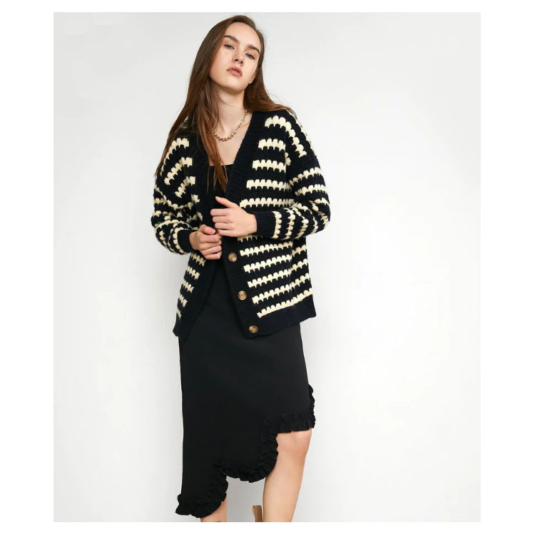 Women's Black Striped V-neck Cardigan