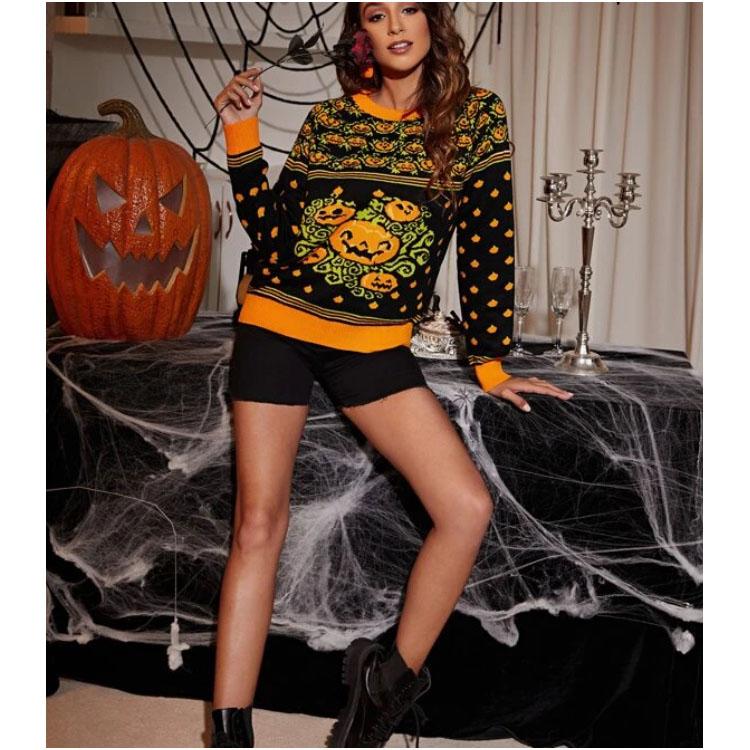 Women's Halloween Pumpkin Pullover Knit Sweater