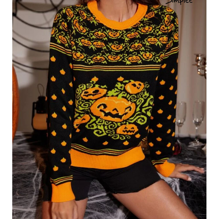 Women's Halloween Pumpkin Pullover Knit Sweater