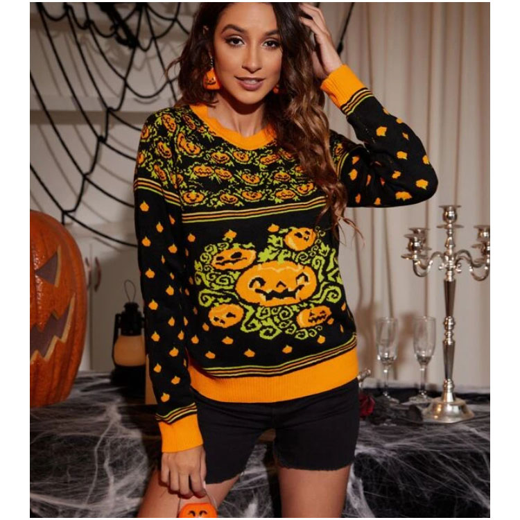 Women's Halloween Pumpkin Pullover Knit Sweater