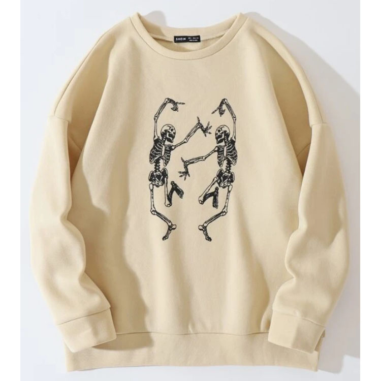 Unisex Beige Halloween Skeleton Print Pullover