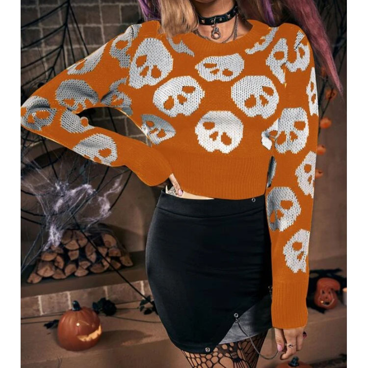 Women's Skull Pattern Crop Pullover Sweater