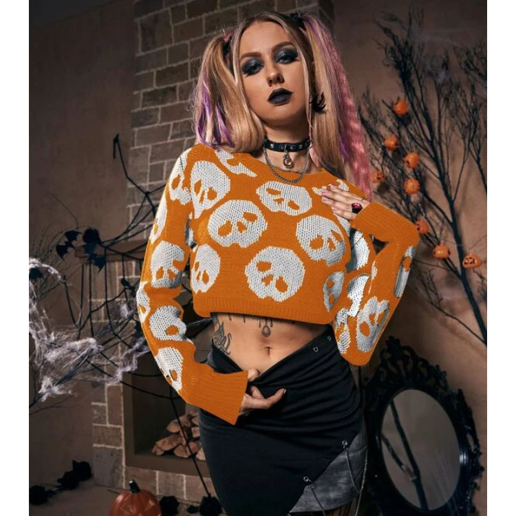 Women's Skull Pattern Crop Pullover Sweater