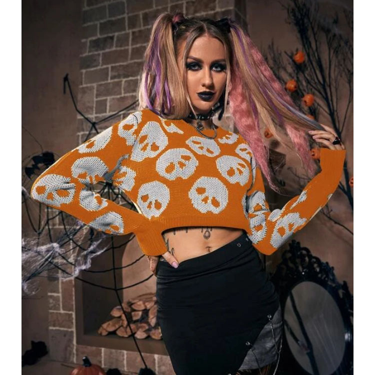 Women's Skull Pattern Crop Pullover Sweater