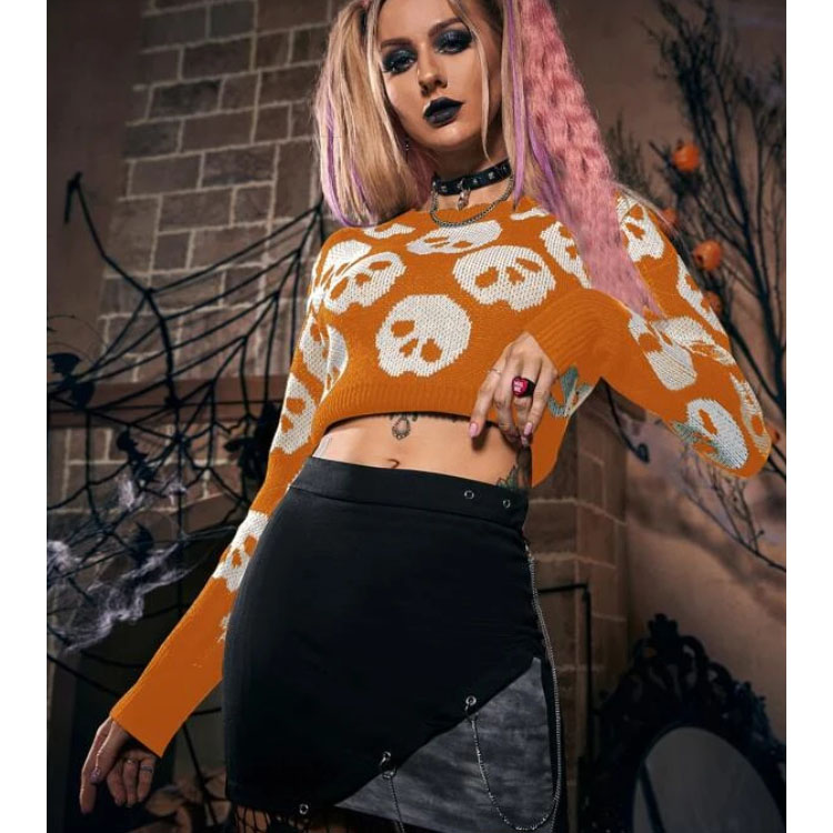 Women's Skull Pattern Crop Pullover Sweater