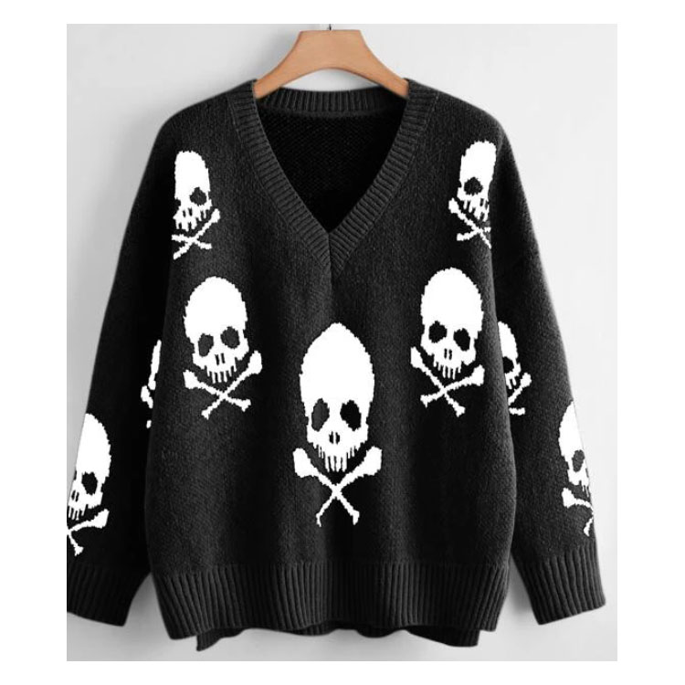 Halloween Skull Pattern Jacquard V-neck Sweater