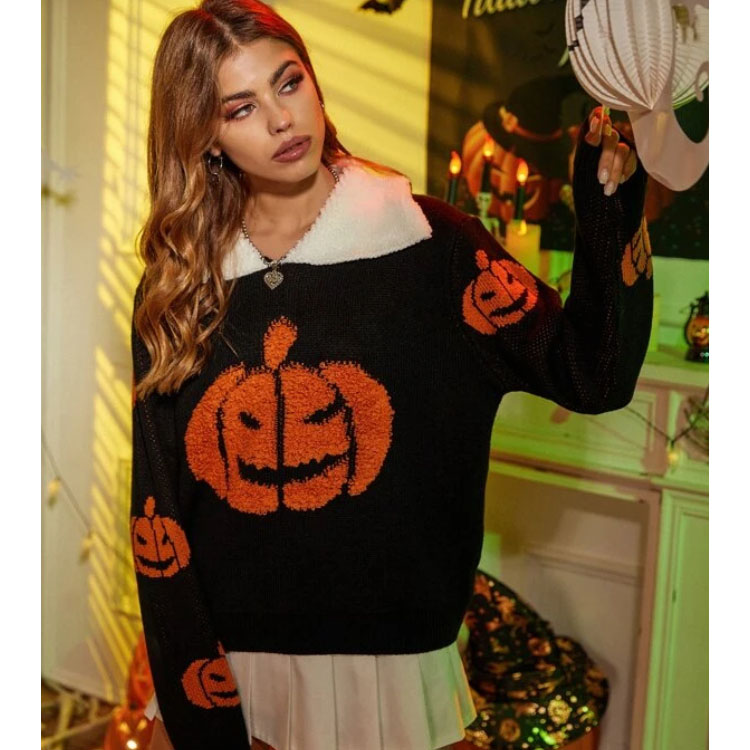 Women's Lapel Halloween Pumpkin Sweater