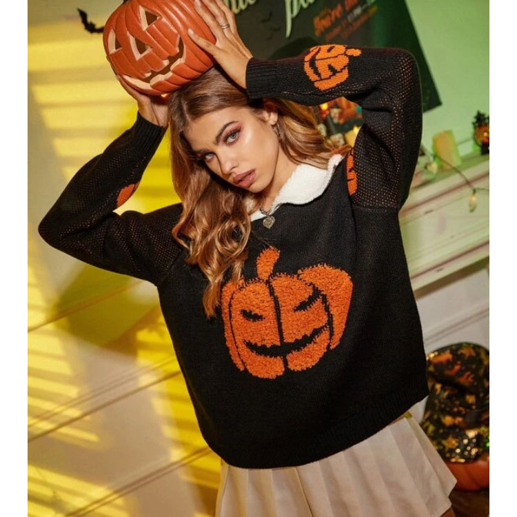 Women's Lapel Halloween Pumpkin Sweater