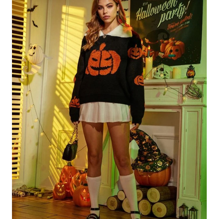 Women's Lapel Halloween Pumpkin Sweater