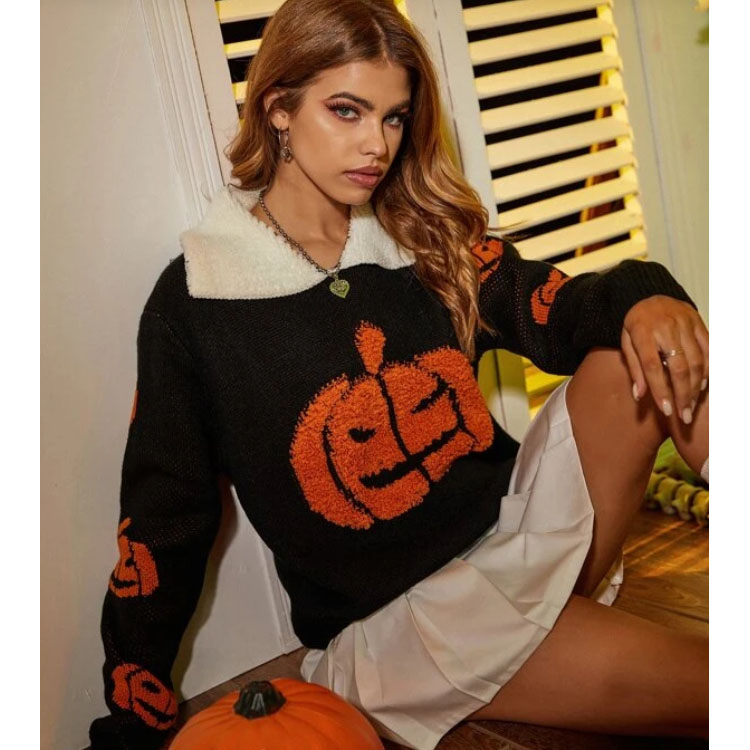 Women's Lapel Halloween Pumpkin Sweater