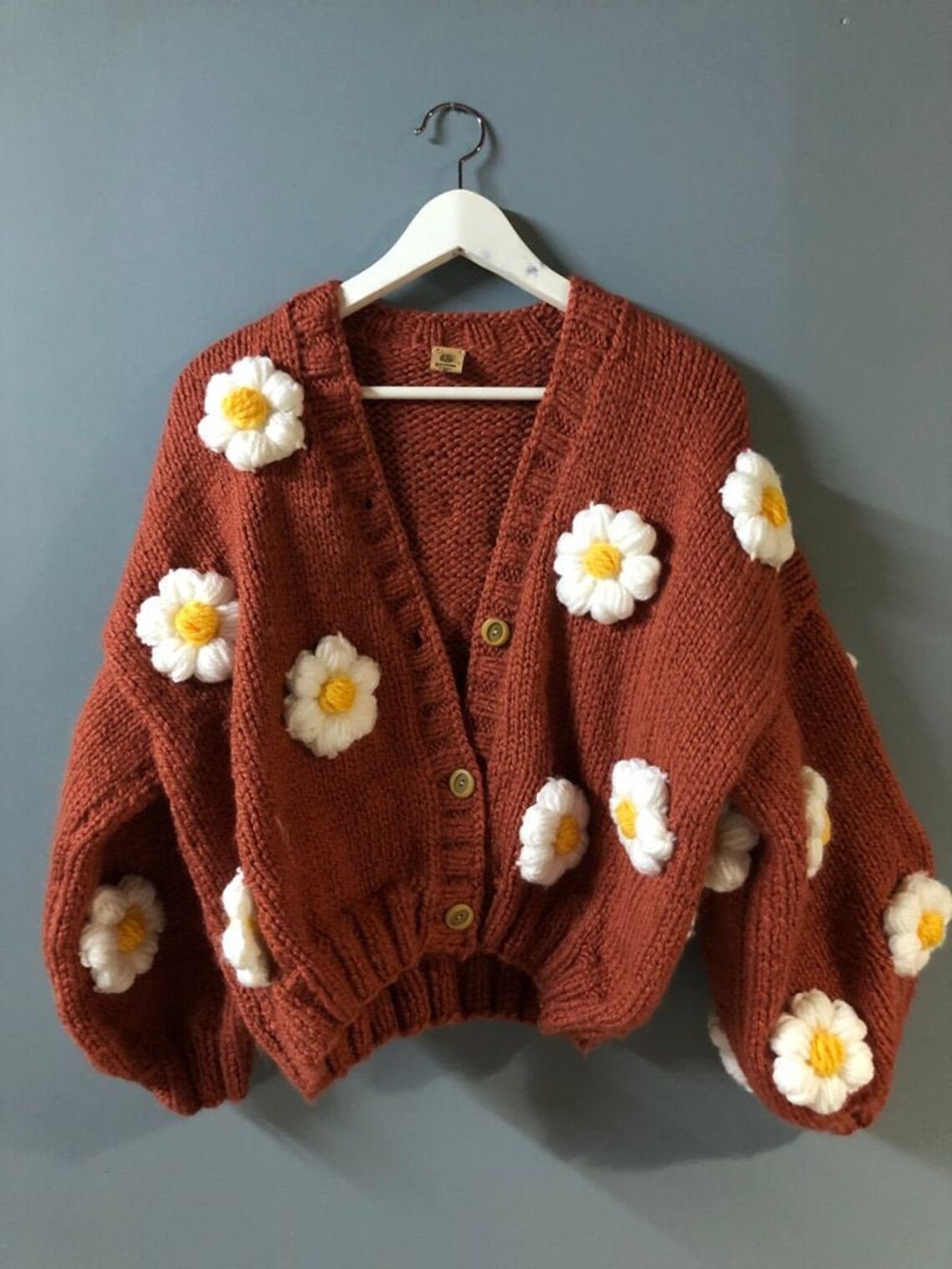 Brown Crochet Cardigan Oversize Daisy Pattern Women