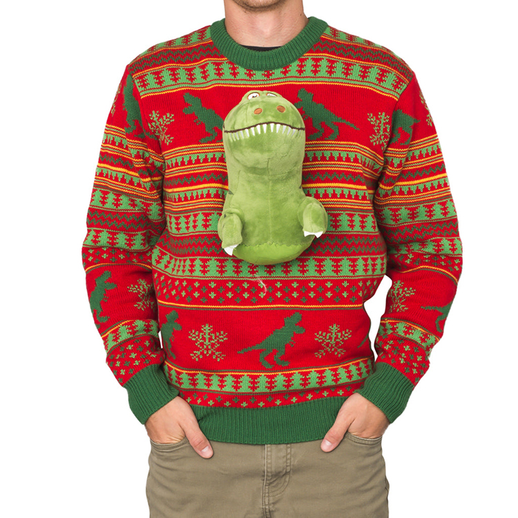 Plush 3d T-rex Men Christmas Sweater