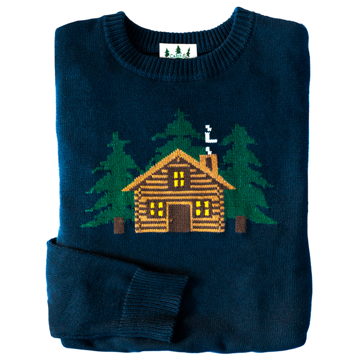 Christmas Tree House Pattern Dark Blue Crew Neck Sweater