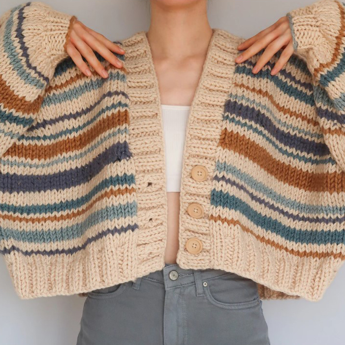 Chunky Knitted Fluffy Striped Cardigans