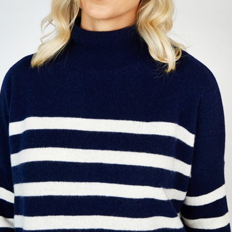 Women's Round Neck Navy Stripe Cashmere Sweater