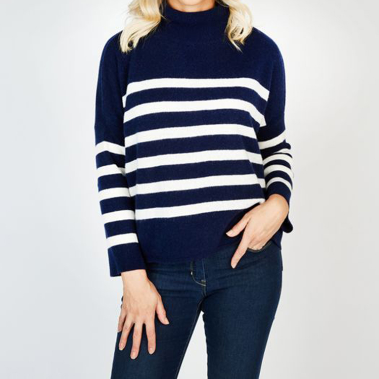 Women's Round Neck Navy Stripe Cashmere Sweater