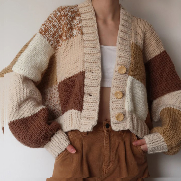 Cropped Patchwork Jumper Chunky Knit Cardigans For Ladies