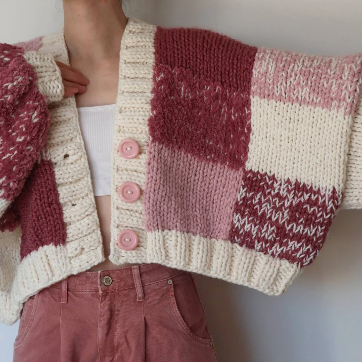 Cropped Patchwork Jumper Chunky Knit Cardigans For Ladies