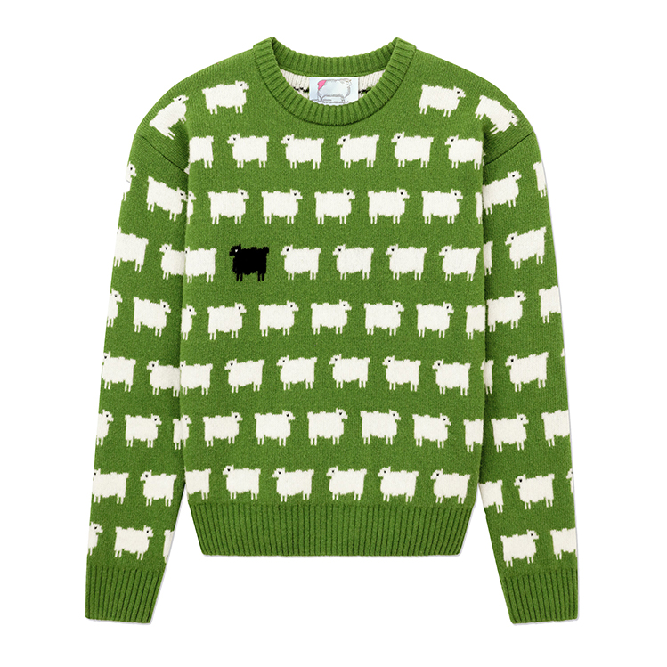 Crew Neck Wool Jacquard Family Sheep Sweater