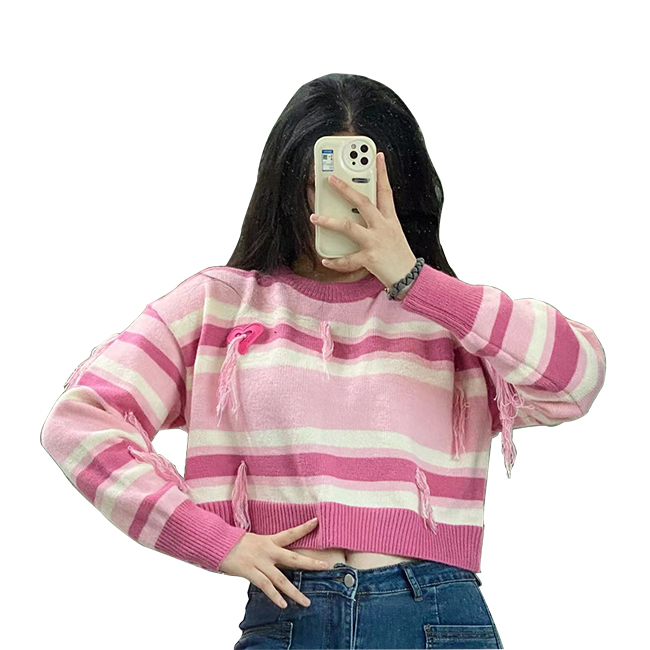 Crew Neck Pullover Pink White Jacquard Custom Sweater