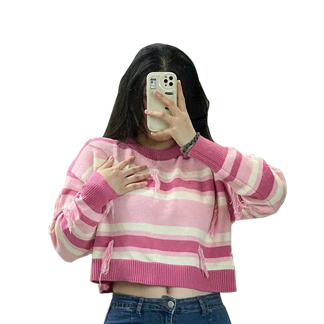 Crew Neck Pullover Pink White Jacquard Custom Sweater