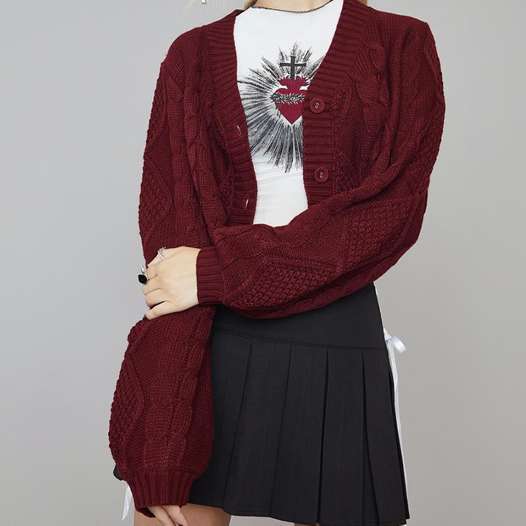 Burgundy Cropped Ladies Sweater Cardigan