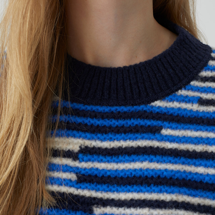 Navy Blue Striped Crew Neck Pullover Sweater